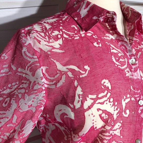 Chico's Abstract Linen Blend Button Down Shirt Pink White Extra Large - Picture 5 of 10